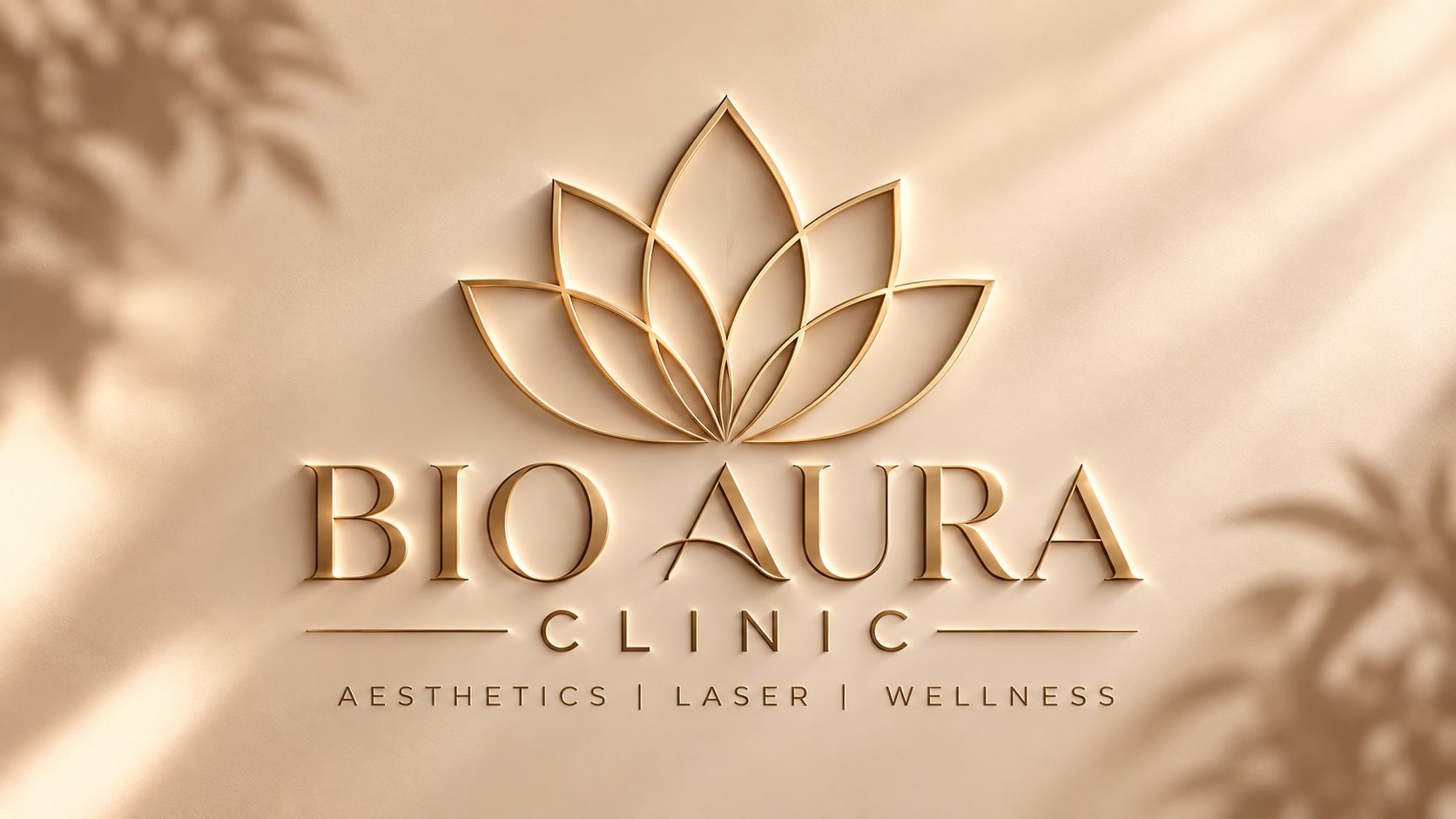 Bio Aura Clinic gold lotus logo on a softly lit wall